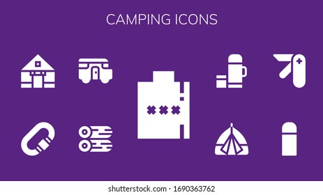 Camping Icon Set. 9 gefüllte Campingsymbole.  Einfache, moderne Symbole wie: Hüftkolben, Holz, Karawane, Karabiner, Zelt, Thermo, Taschenmesser