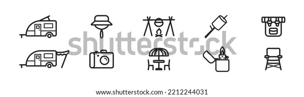 Camping icon set.\
Adventure trip. Weekend, summer vacation concept.  Signs of camera,\
marshmallow, lighter, bagpack, hat, bonfire etc. Picnic, hiking\
symbols. Vector illustration.\
