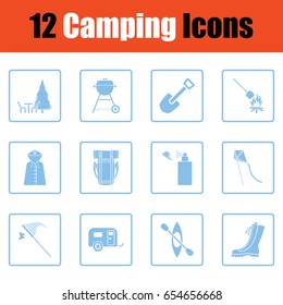 Camping icon set. Blue frame design. Vector illustration.