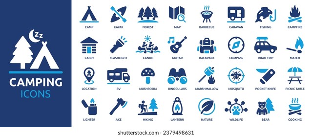 Camping icon set. Camp, tent, fishing, nature, picnic table, forest, campfire, hiking and more. Vector solid icons collection.