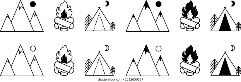 Camping icon set. Camp, tent, nature, forest, campfire, hiking and more. Vector solid icons collection.New vector collection.