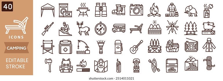 Camping icon set. Camp, tent, fishing, nature, picnic table, forest, campfire, hiking and more. Vector solid icons collection.