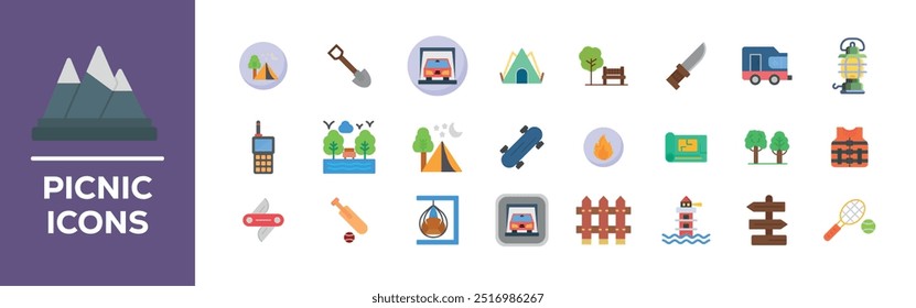 Camping icon set. Camp, tent, fishing, nature, picnic table, forest, campfire, hiking and more. Vector solid icons collection.