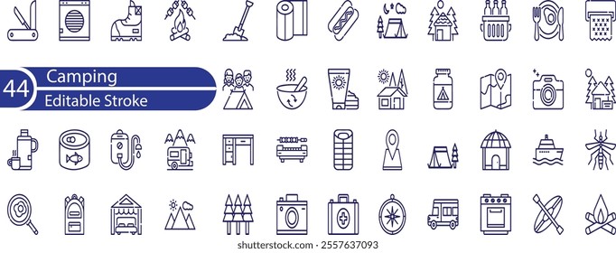 Camping icon set. Camp, tent, fishing, nature, picnic table, forest, campfire, hiking and more