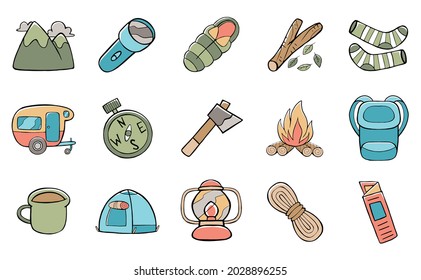 conjunto de iconos de camping en estilo de caricatura