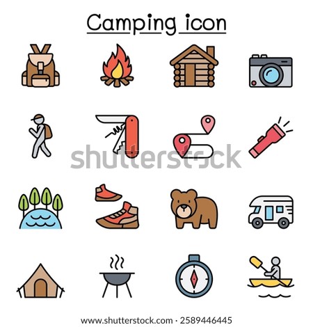 Camping icon set in color line style