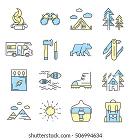 Camping Icon Set In Color And Linear Style With Two Colors Yellow And Light Blue Vector Illustration