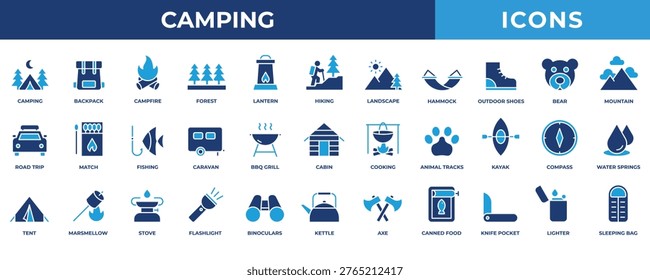 Camping icon set. Contains blue icons related to campfire, forest, backpack, compass, kettle, and more.