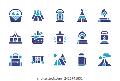 Camping icon set. Duotone color. Vector illustration. Containing backpack, camp, tent, village, teepee, basket, oil lamp, fire, picnic basket, bonfire, car, thermos.