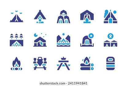 Camping icon set. Duotone color. Vector illustration. Containing camping, camp, no camping, refugee camp, picnic table, bonfire, fire, sleeping bag.