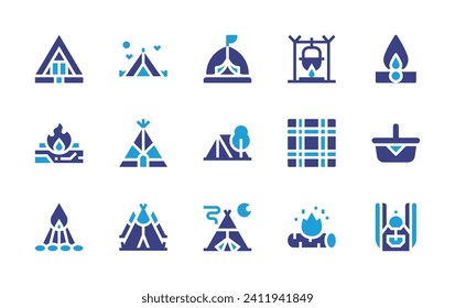 Camping icon set. Duotone color. Vector illustration. Containing tent, fire, cooking, bonfire, basket, teepee, table, backpack, village.