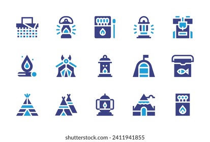 Camping icon set. Duotone color. Vector illustration. Containing picnic basket, matches, backpack, oil lamp, lantern, bonfire, portable fridge, tent, fire lamp, wigwam, teepee.