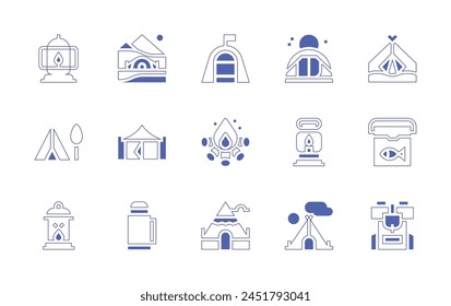 Camping icon set. Duotone style line stroke and bold. Vector illustration. Containing tent, camping tent, bonfire, hiking, backpack, lantern, portable fridge, oil lamp, fire lamp, thermos, teepee.
