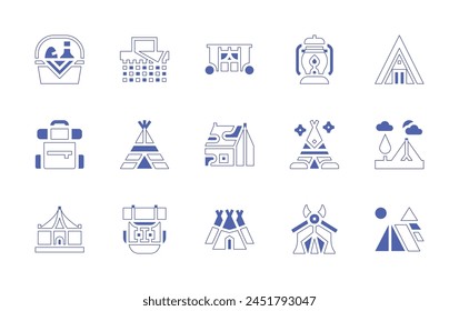 Camping icon set. Duotone style line stroke and bold. Vector illustration. Containing backpack, camp, camping, tent, tipi, picnic basket, village, basket, oil lamp, car.