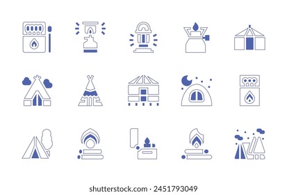 Camping icon set. Duotone style line stroke and bold. Vector illustration. Containing camping gas, camping, tent, yurt, matches, teepee, lantern, fire, light, lighter, bonfire.