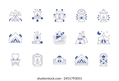 Camping icon set. Duotone style line stroke and bold. Vector illustration. Containing camping chair, camping tent, camping, backpack, tent, oil lamp, bonfire, picnic basket, campfire, wigwam.