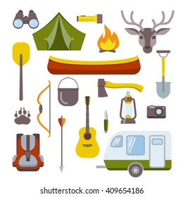 Camping icon set with the elements and attributes for hiking transport hunting and camping vector illustration