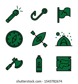 Camping icon set filed outline style including flashlight,light,camp,bright,fishing,fish,survive,flag,mountain,adventure,compass,west,direction,magnet,kayak,water,tent,axe,nature,bottle,fresh water