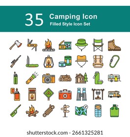 Conjunto de iconos de camping: Ilustración vectorial de estilo llena