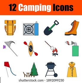 Camping Icon Set. Flat Color Outline Design With Editable Stroke. Vector Illustration.