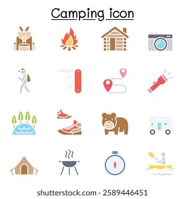 Camping icon set in flat color style