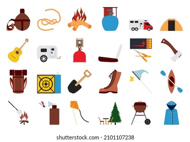 Camping Icon Set. Flat Design. Fully editable vector illustration. Text expanded.