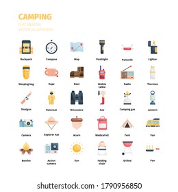 Camping icon set. Camping flat icon set. Icon for website, application, print, poster design, etc.