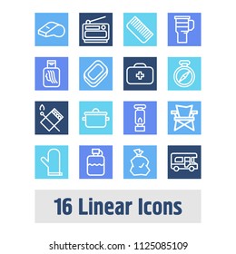 Camping icon set and gadgets with first aid kit, campers and matches. Comb related camping icon vector for web UI logo design.
