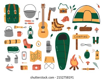 Camping icon set. Hike outdoor elements. Hand drawn flat style. Vector illustration.