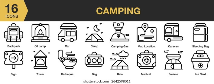 Camping icon set. Includes nature, travel, camp, adventure, summer, tent, and More. Outline icons vector collection.