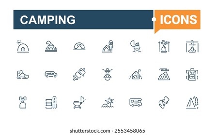 Camping icon set. Includes thin line map, tent, hiking, campfire, fish, tour, tree, travel. Simple line vector. Vector icons editable stroke.