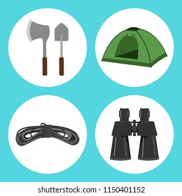Camping icon set isolated on white background. Axe, shovel, tent, rope, binoculars. Vector illustration.
