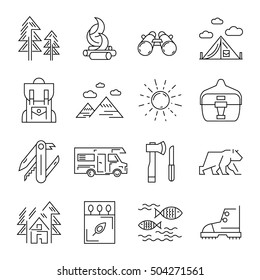 Camping icon set in linear style with isolated elements tourist and hiking attributes vector illustration