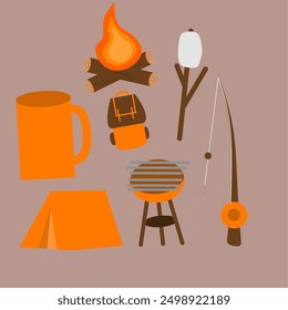 Camping icon set marshmallow, campfire, tent backpack fishing rod and grill perfect for outdoor and adventure designs