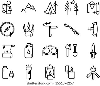 Camping icon set - mountain, camp, wild sign, oil lamp