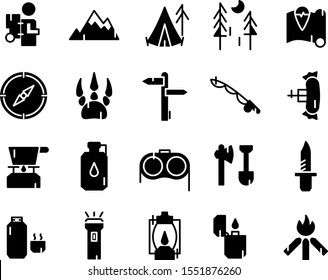 Camping icon set - mountain, camp, wild sign, oil lamp