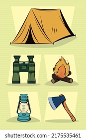 camping icon set on green background