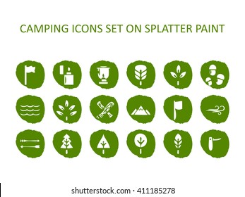 Camping icon set on green splatter paint. Flat icons on round paint stains background. Icons, symbol, logo