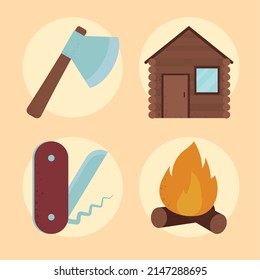 conjunto de iconos de acampada en fondo naranja