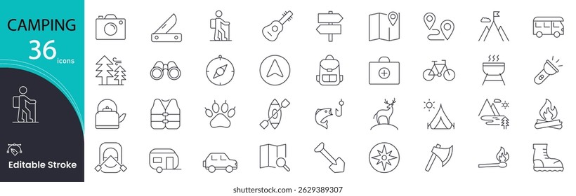 Camping icon set. Outdoor and adventure related line icons: tent, campfire, backpack, hiking, nature, forest, lantern, sleeping bag, map and more. Editable stroke. Vector illustration.