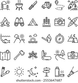 Camping icon set. Outdoor recreation activity vector line icons collection, editable stroke.