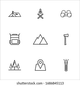 camping icon set with outline style vector for your web design, logo, UI. illustration. Set includes icons as tent, campfire,bag, forest, flashlight,axe,mountain,pin map,binocular