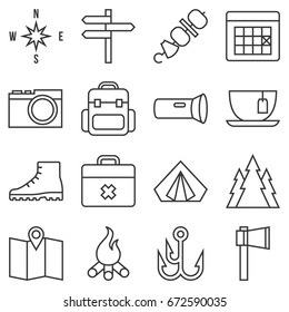 Camping icon set, outline style