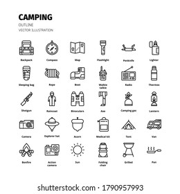 Camping Icon Set. Camping-Umrisssymbol-Set. Symbol für Website, Anwendung, Druck, Plakatdesign, etc.