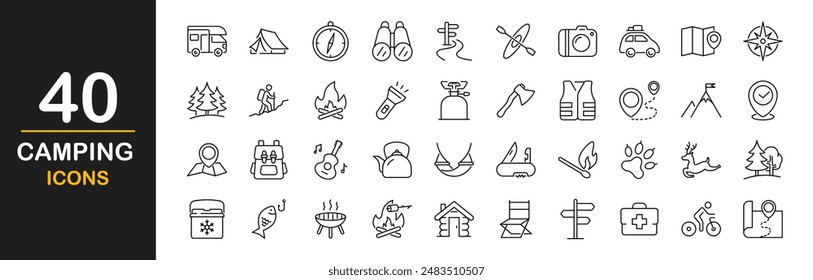 Camping icon set. Simple set of travel outdoor related vector line icons. Contains such icons as tent, compasses, campfire, map, tourist, hiking, camp trailerand, camping equipment and more