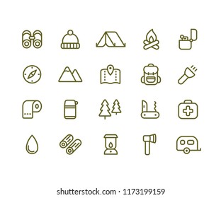 Camping icon set. Simple vector line icons of hiking, backpacking and the outdoors.