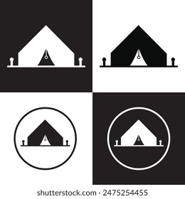 Camping icon set. Summer outdoor destination tent vector symbol. shelter camp sign. military night camp tent icon in black filled and outlined style. isolated on white and black background. EPS 10.