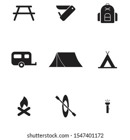 Camping icon set. camping table, tent, knife, caravan, flame, lantern black isolated vector illustration