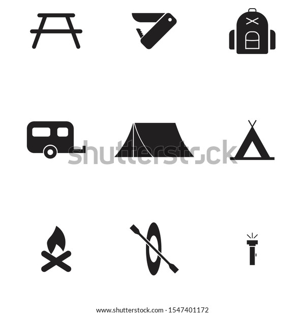Camping icon set. camping\
table, tent, knife, caravan, flame, lantern black isolated vector\
illustration