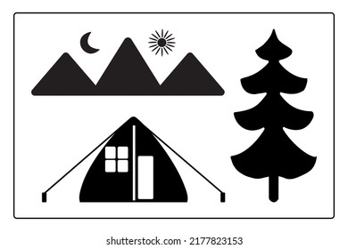 Camping icon set. Tent, fir, tree, mountain, hill, moon and sun black symbol.Summer tourism or journey sign.Camp, travel, vacation and adventure concept.Outdoor recreation in woods.Vector illustration